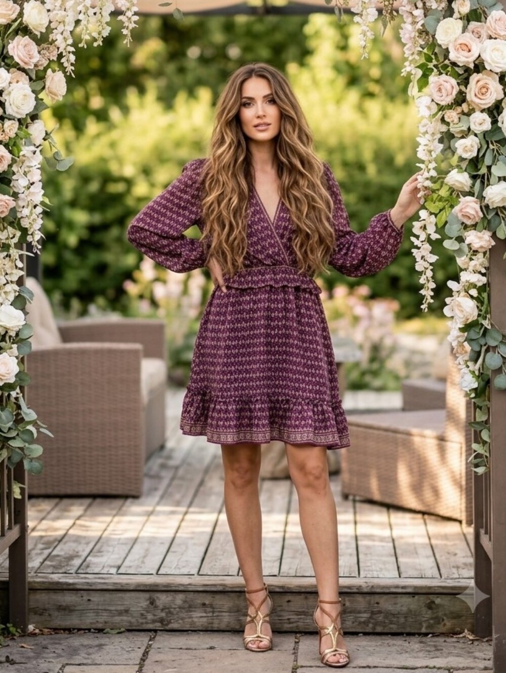 NWOT Max Studio💜PRETTY Plum Printed  V-Neck Lined Bodice Long-Sleeve Dress Sz L